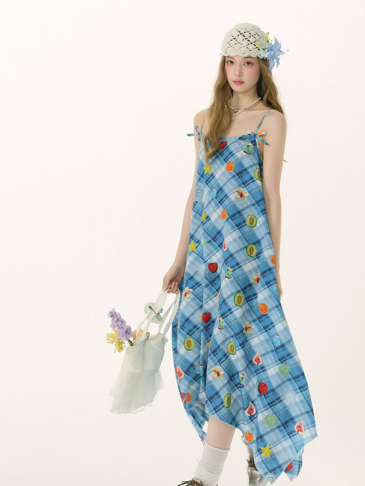 Blue Plaid Fruit Print Handkerchief Dress