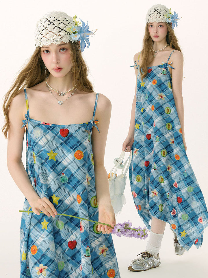 Blue Plaid Fruit Print Handkerchief Dress