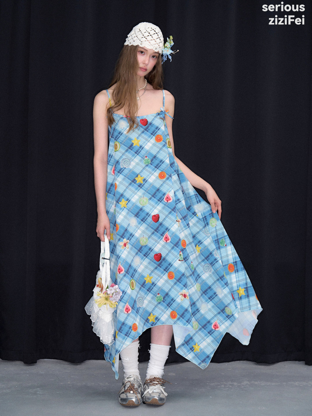 Blue Plaid Fruit Print Handkerchief Dress