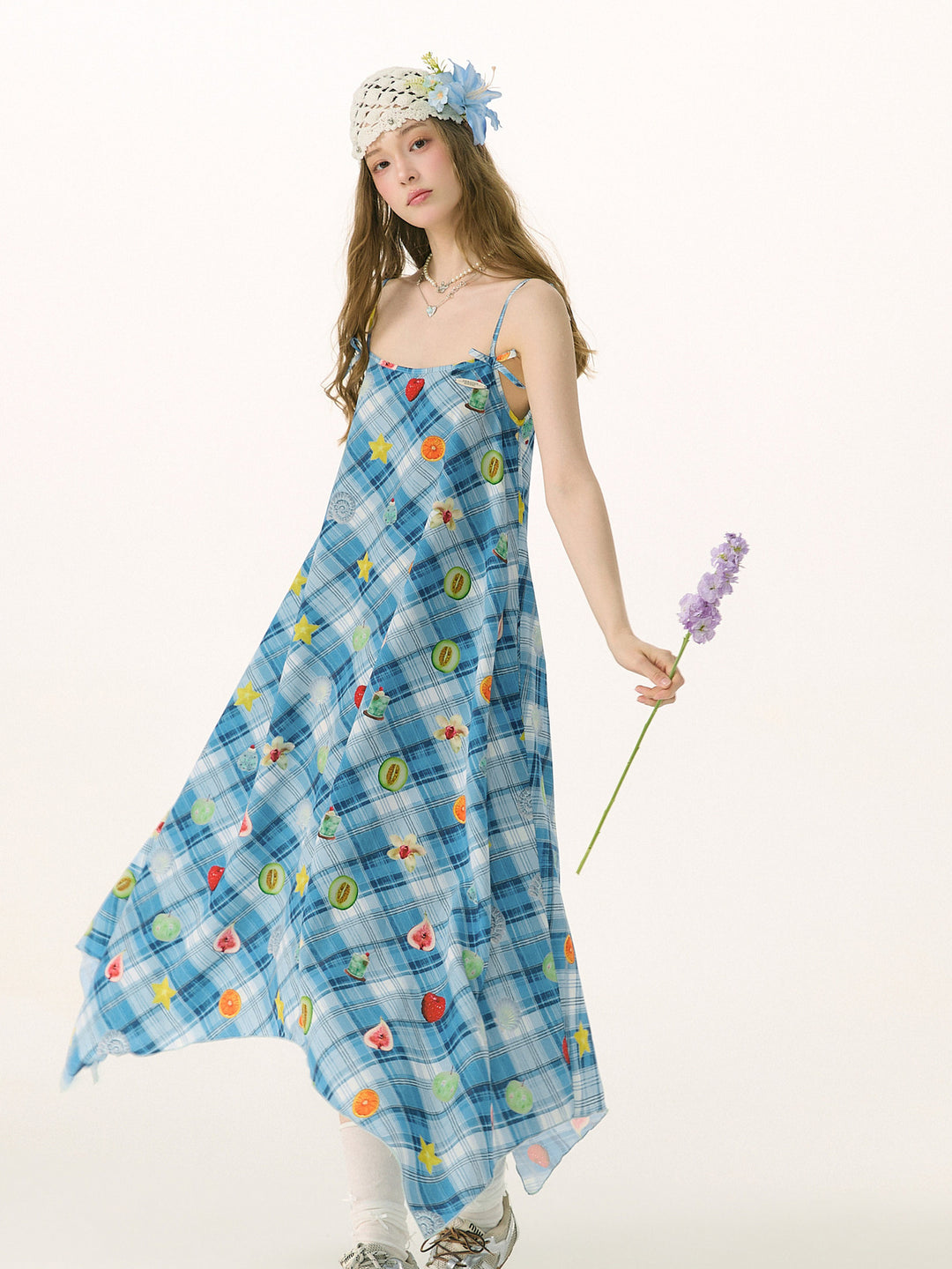 Blue Plaid Fruit Print Handkerchief Dress