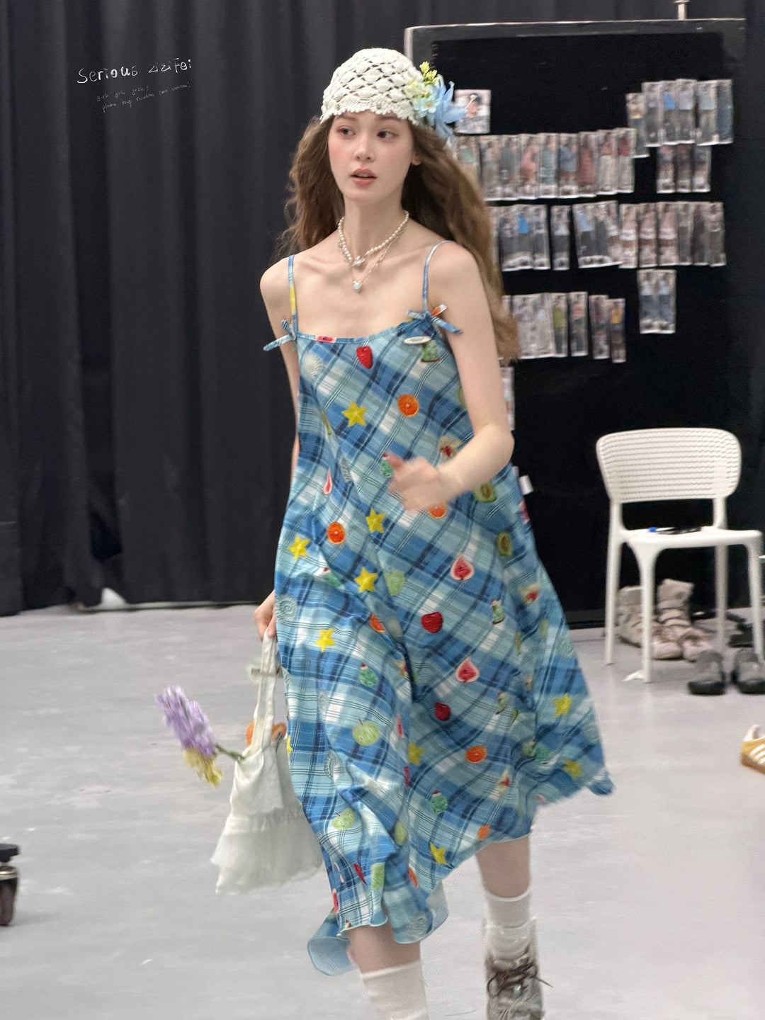 Blue Plaid Fruit Print Handkerchief Dress