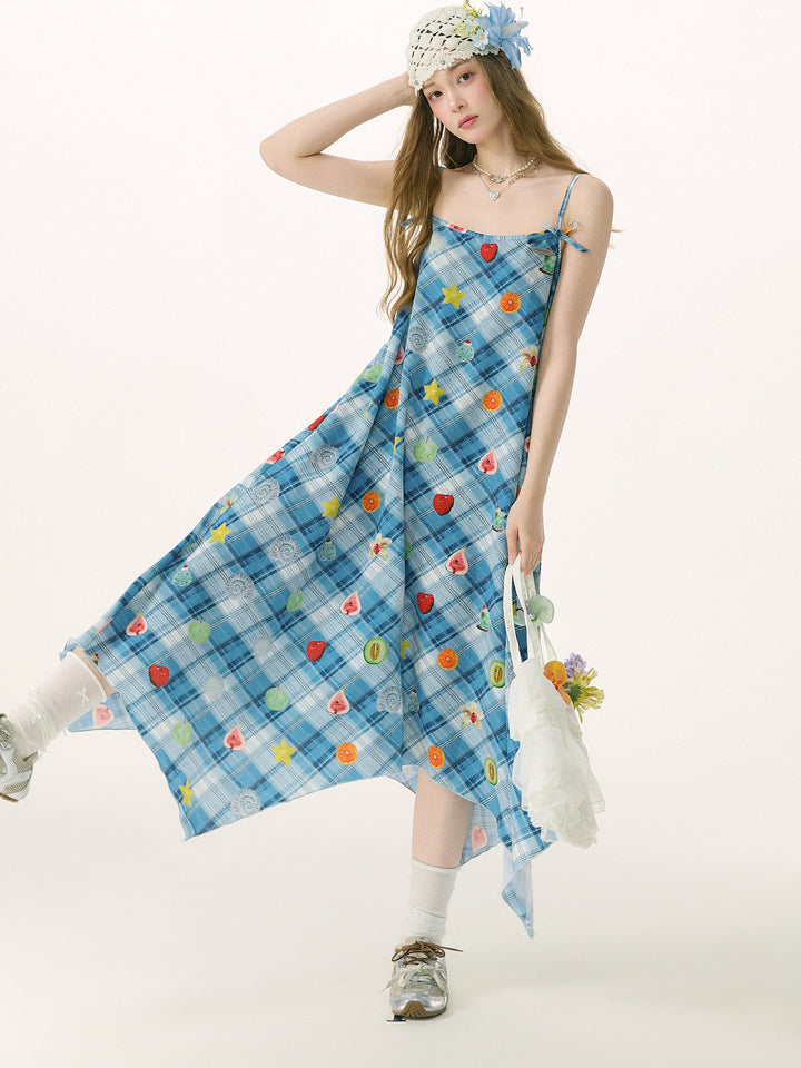 Blue Plaid Fruit Print Handkerchief Dress