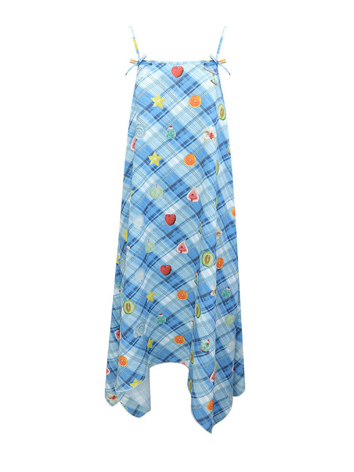Blue Plaid Fruit Print Handkerchief Dress