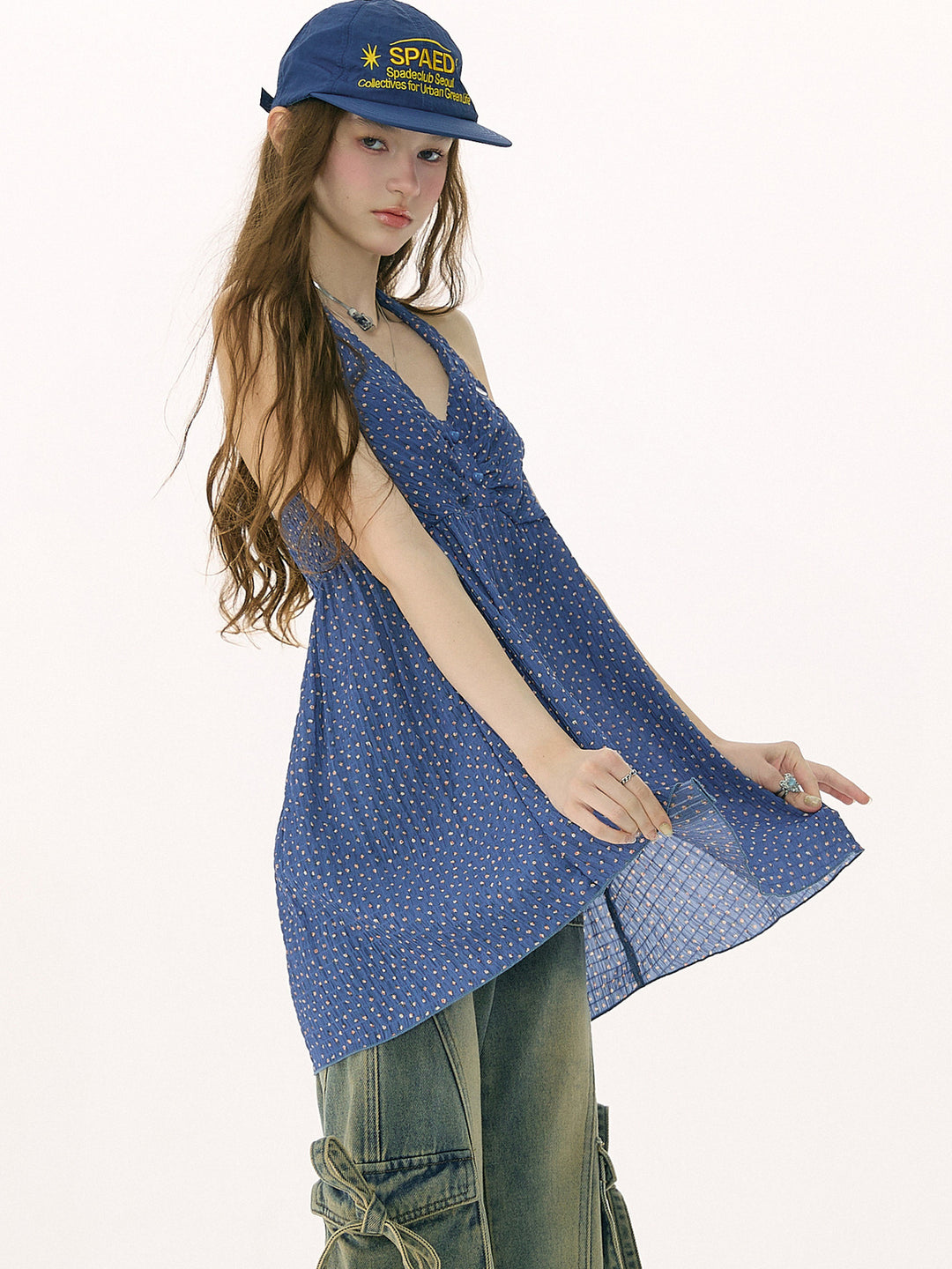 Blue Ditsy Floral Halter Tunic Top
