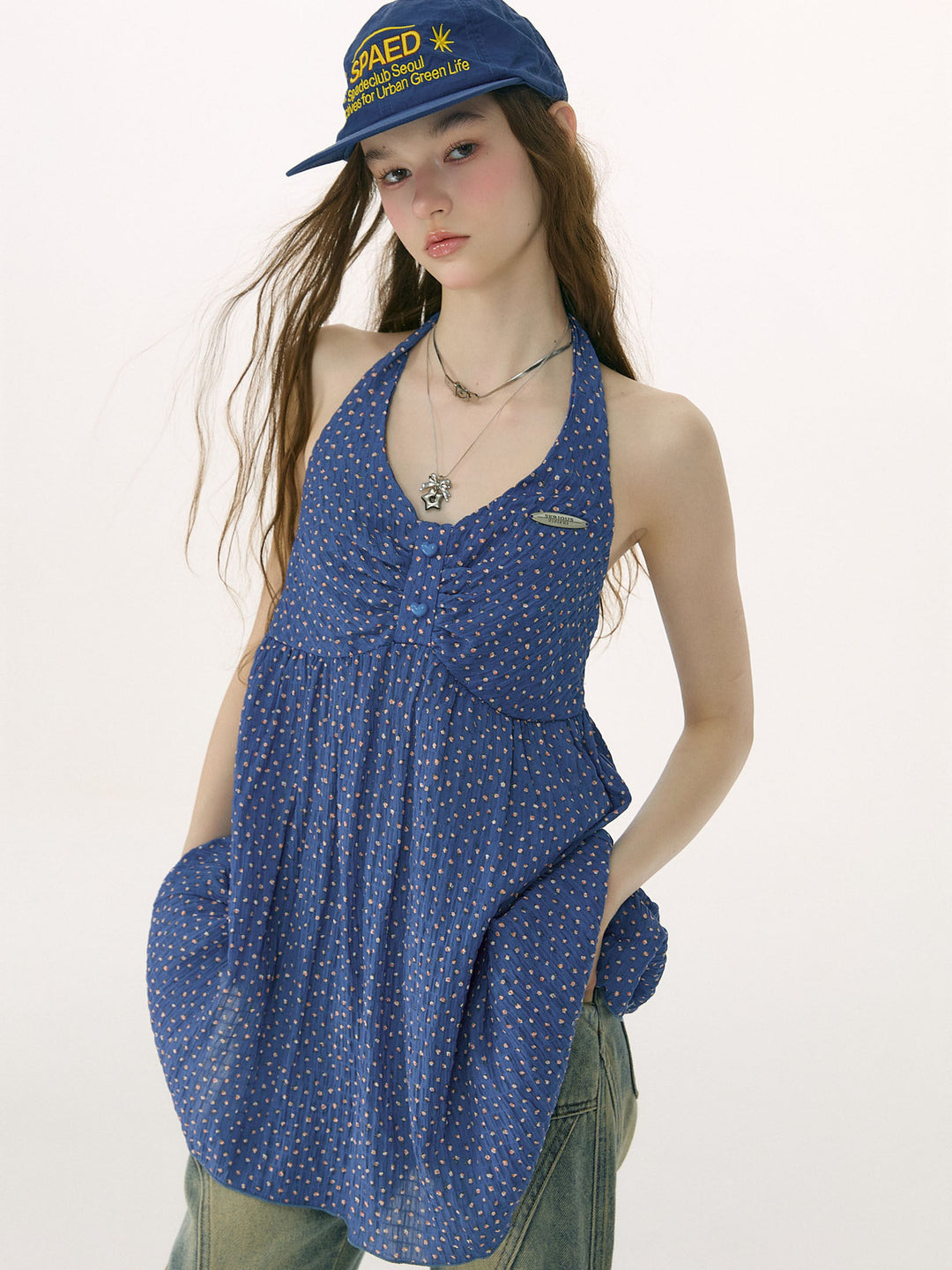 Blue Ditsy Floral Halter Tunic Top