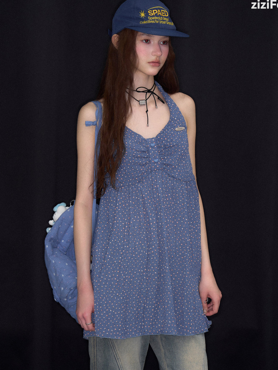 Blue Ditsy Floral Halter Tunic Top