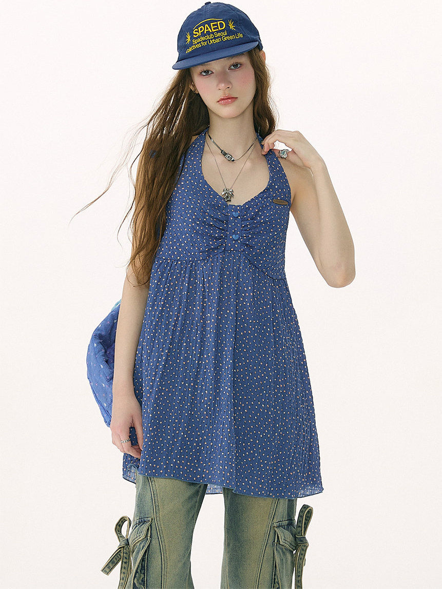 Blue Ditsy Floral Halter Tunic Top