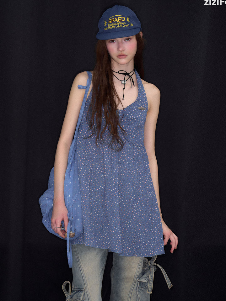 Blue Ditsy Floral Halter Tunic Top