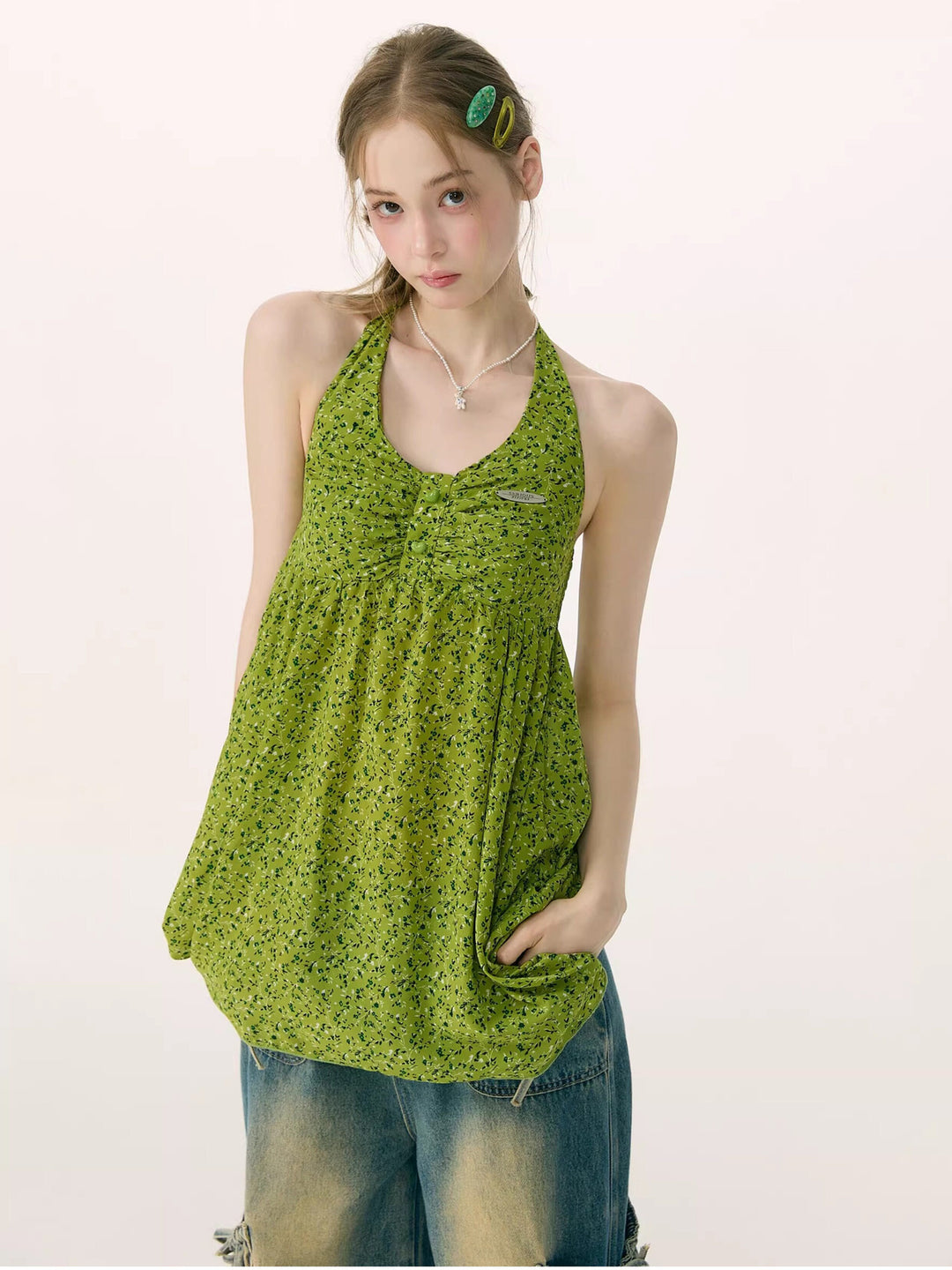 Green Floral Ruched Button-Front Halter Tunic Top