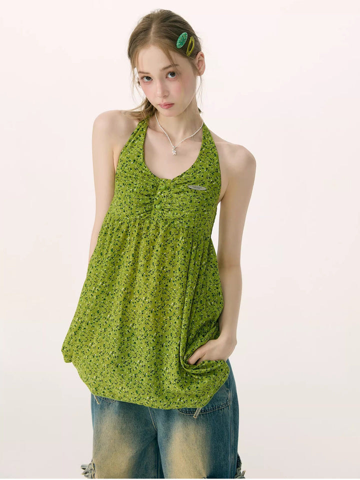 Green Floral Ruched Button-Front Halter Tunic Top