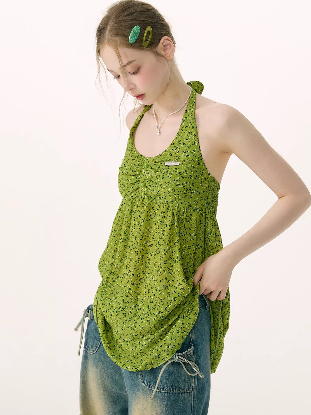 Green Floral Ruched Button-Front Halter Tunic Top