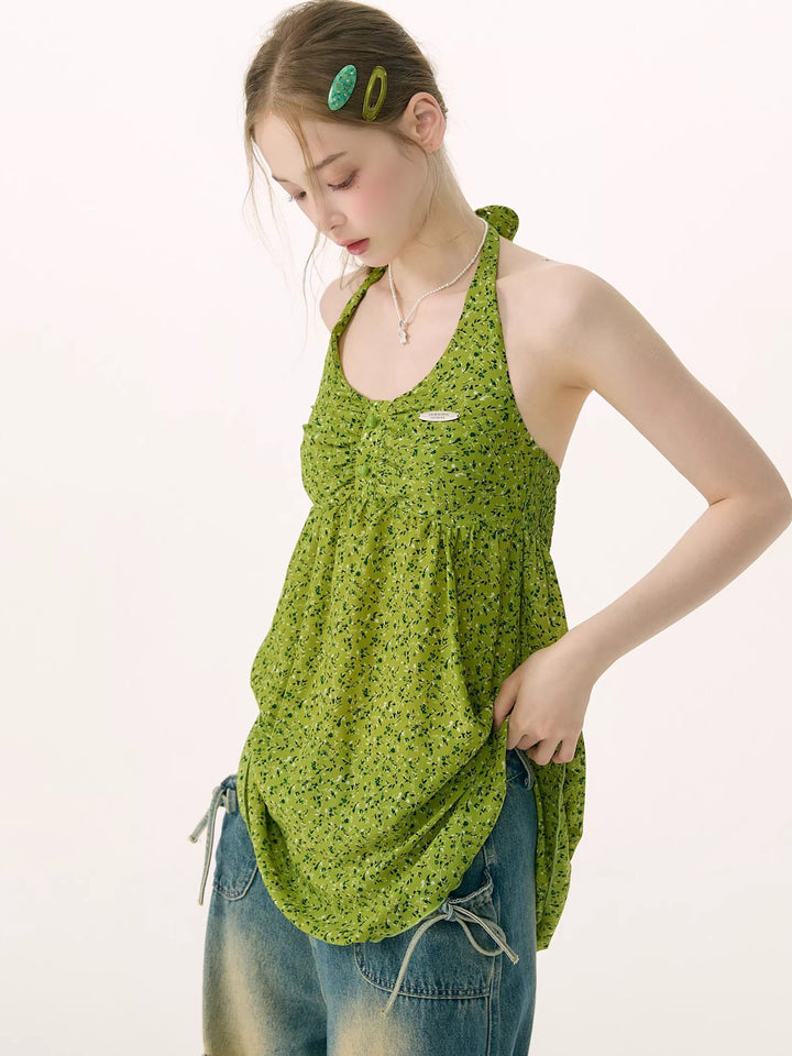 Green Floral Ruched Button-Front Halter Tunic Top