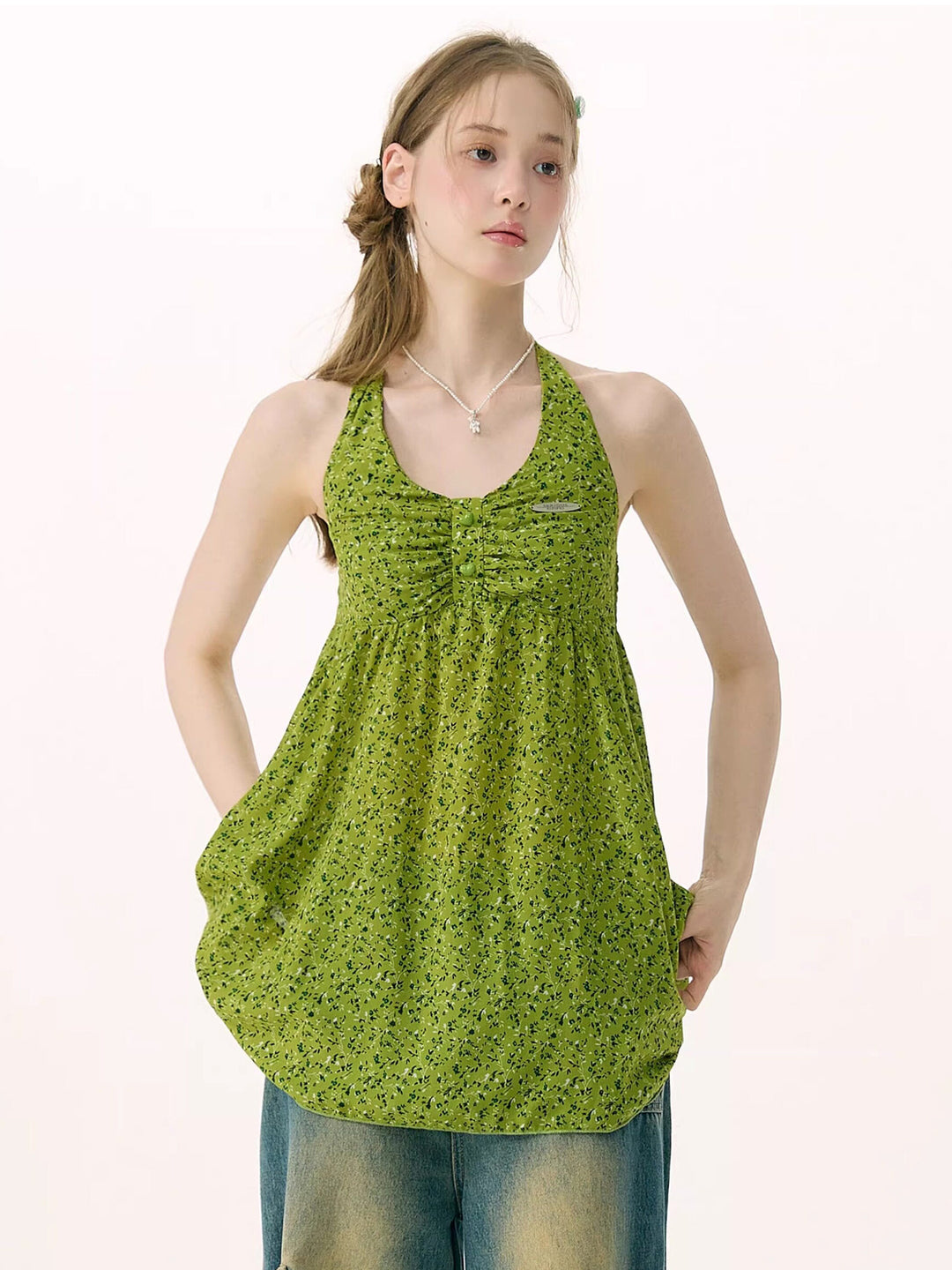 Green Floral Ruched Button-Front Halter Tunic Top