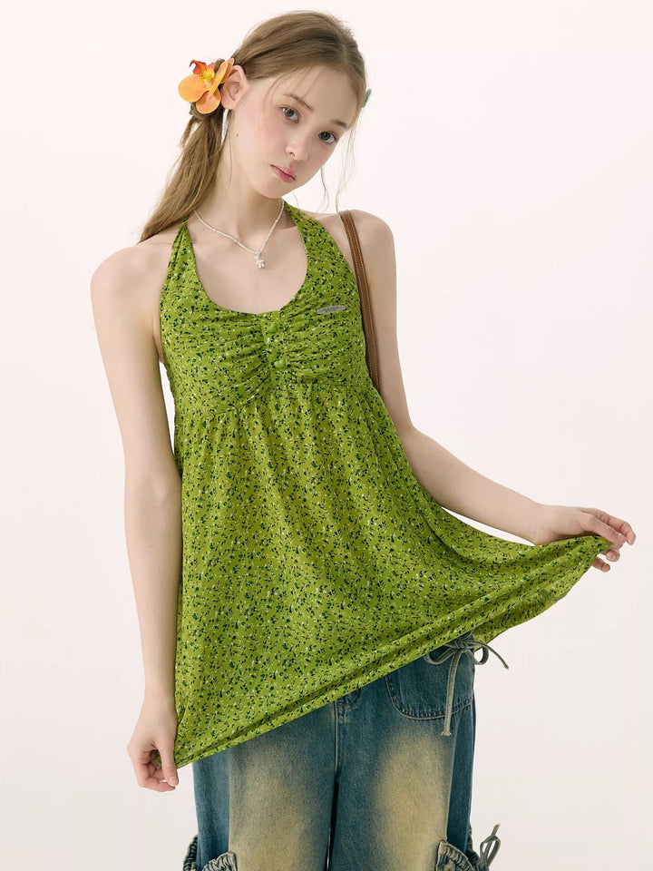 Green Floral Ruched Button-Front Halter Tunic Top