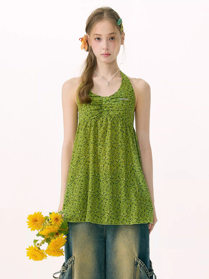 Green Floral Ruched Button-Front Halter Tunic Top