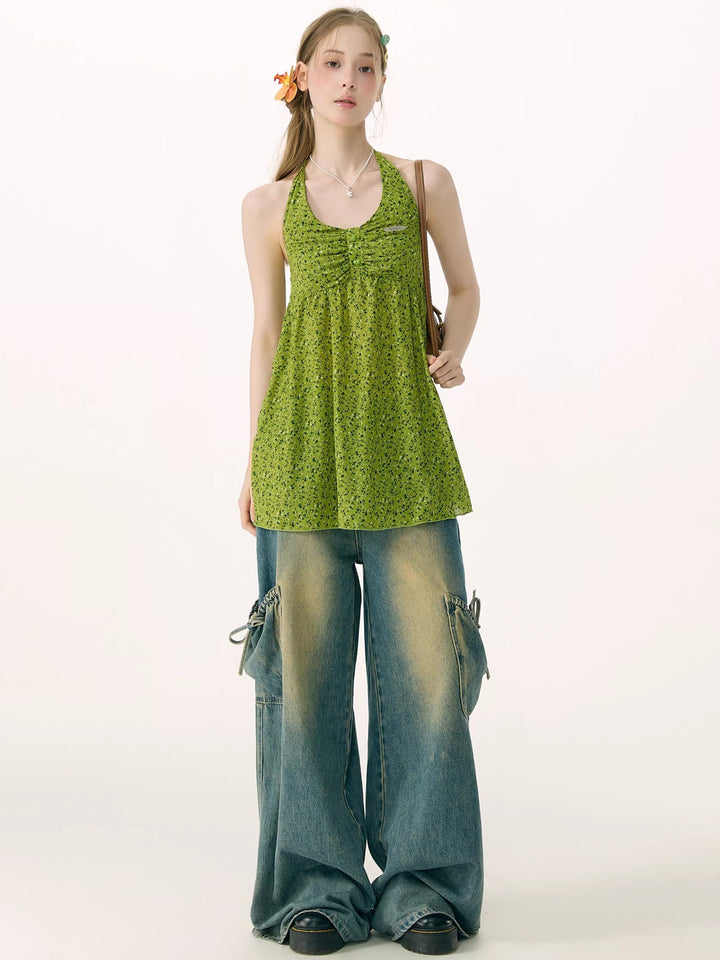 Green Floral Ruched Button-Front Halter Tunic Top