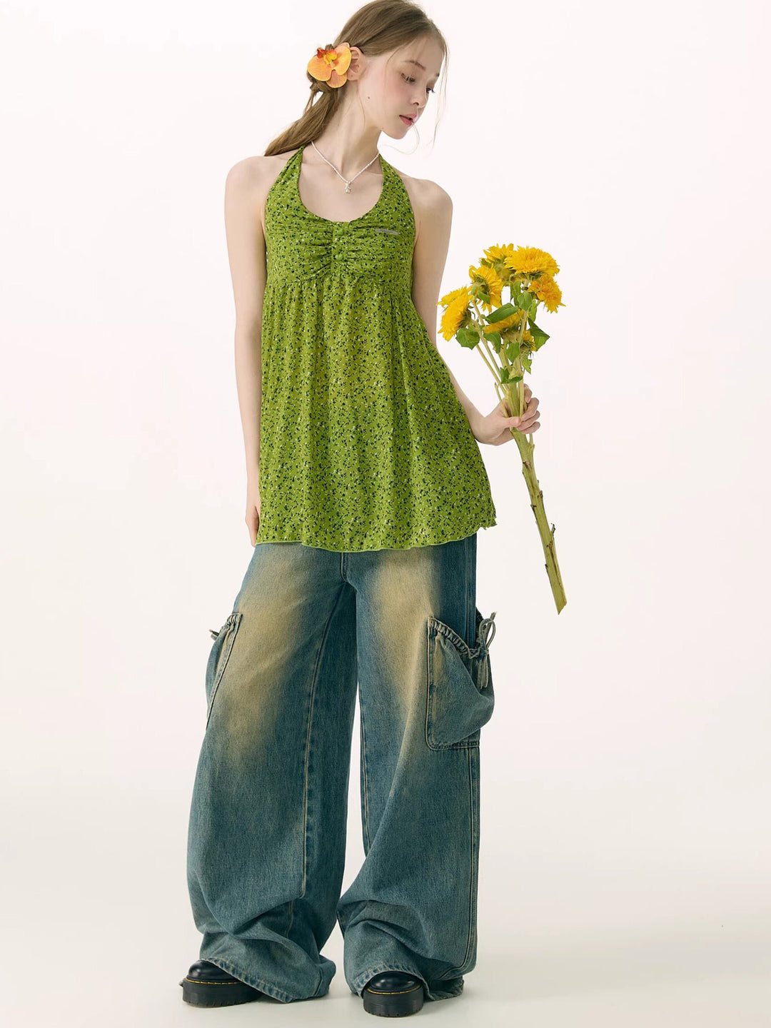 Green Floral Ruched Button-Front Halter Tunic Top