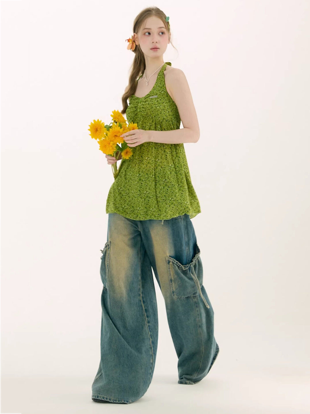 Green Floral Ruched Button-Front Halter Tunic Top