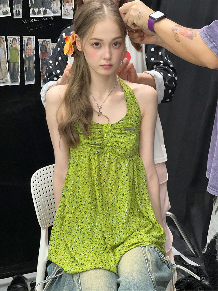 Green Floral Ruched Button-Front Halter Tunic Top