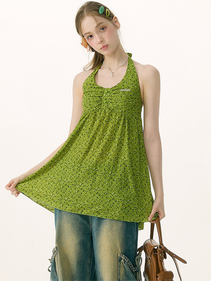 Green Floral Ruched Button-Front Halter Tunic Top