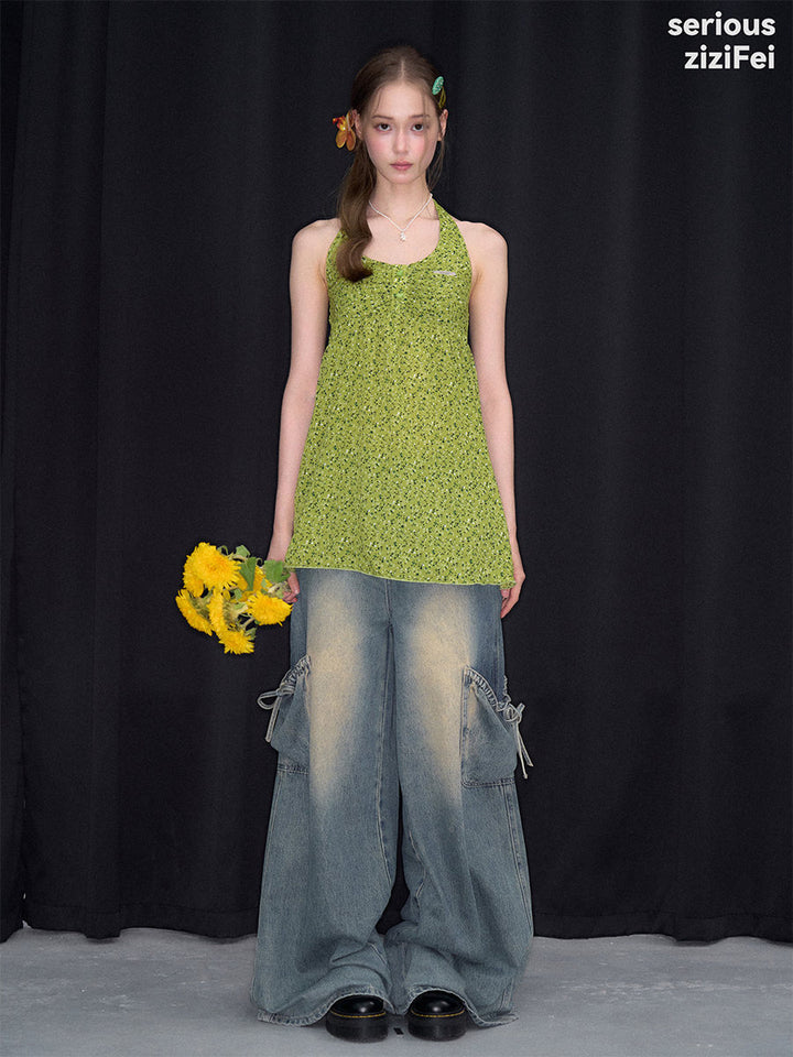 Green Floral Ruched Button-Front Halter Tunic Top