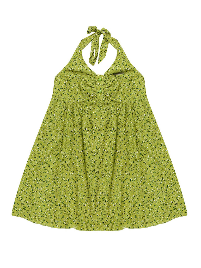 Green Floral Ruched Button-Front Halter Tunic Top