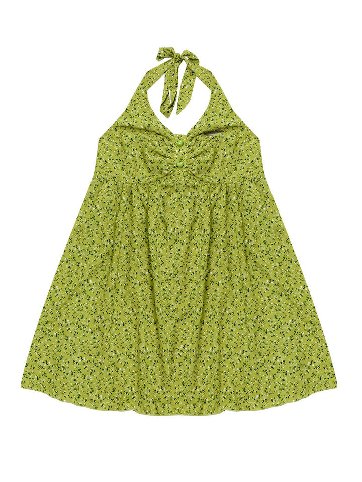 Green Floral Ruched Button-Front Halter Tunic Top