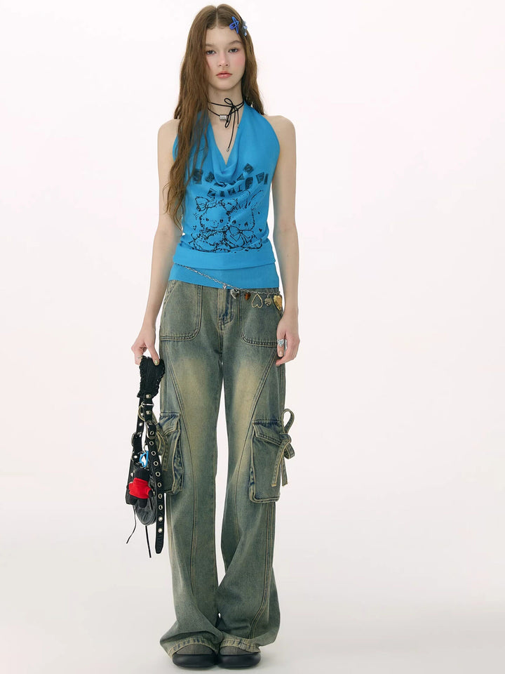 Y2K Bunny and Bear Cowl Halter Top
