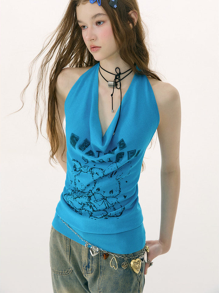 Y2K Bunny and Bear Cowl Halter Top