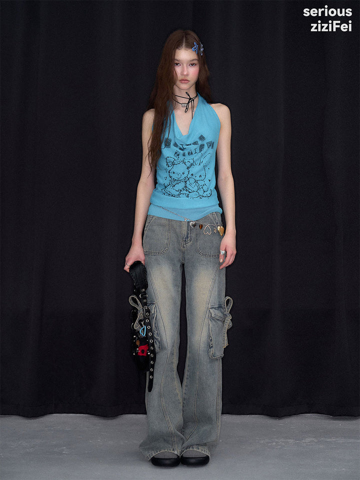 Y2K Bunny and Bear Cowl Halter Top