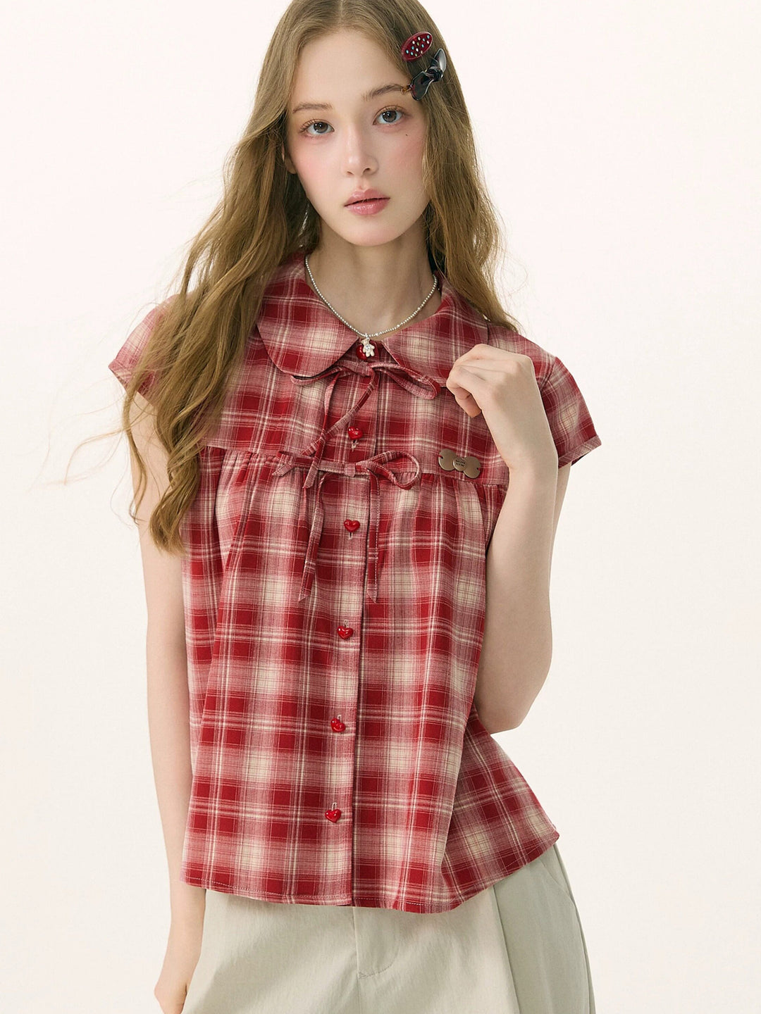 Red Plaid Bow Babydoll Shirt