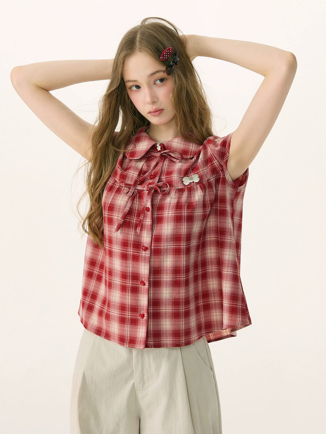 Red Plaid Bow Babydoll Shirt