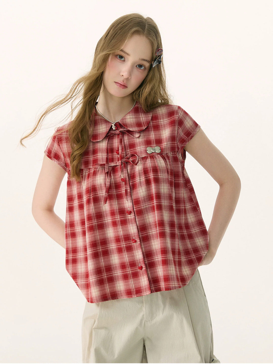Red Plaid Bow Babydoll Shirt