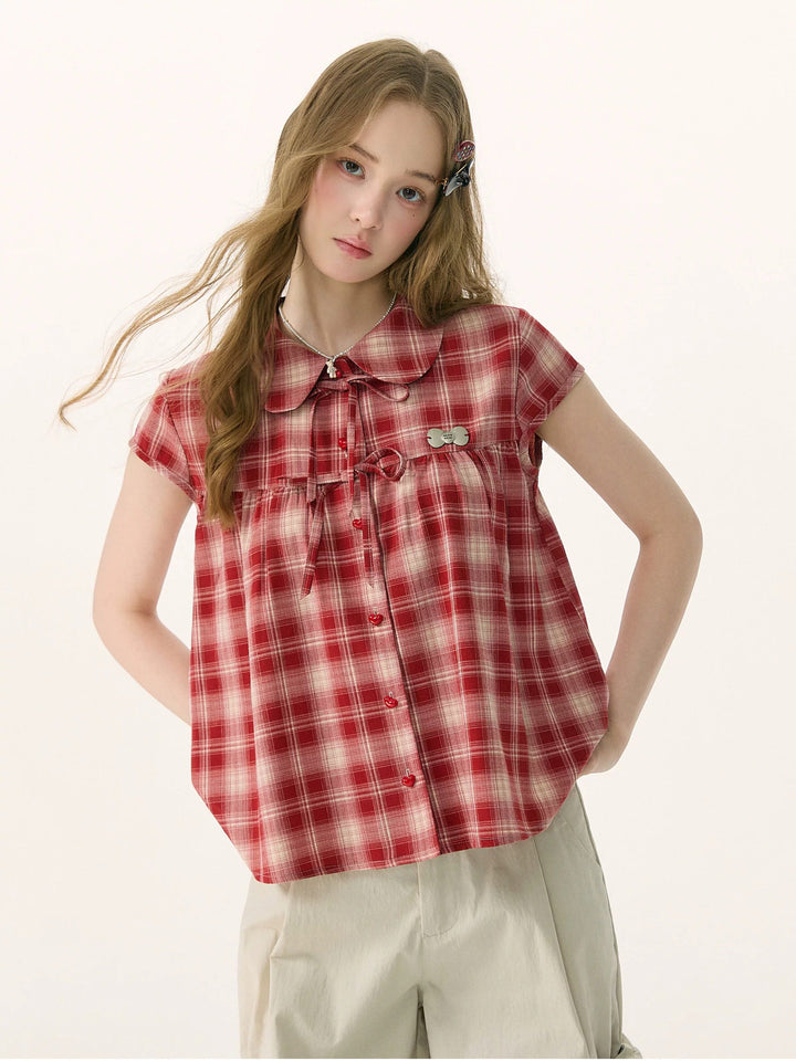 Red Plaid Bow Babydoll Shirt