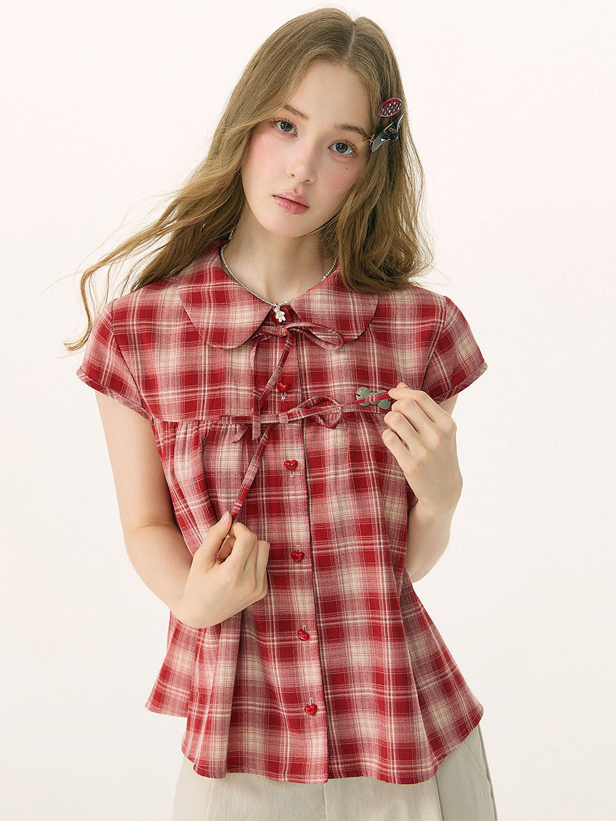 Red Plaid Bow Babydoll Shirt