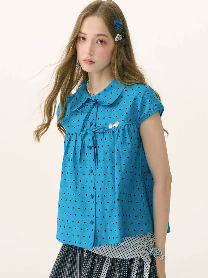 Blue Polka Dot Bow Babydoll Blouse