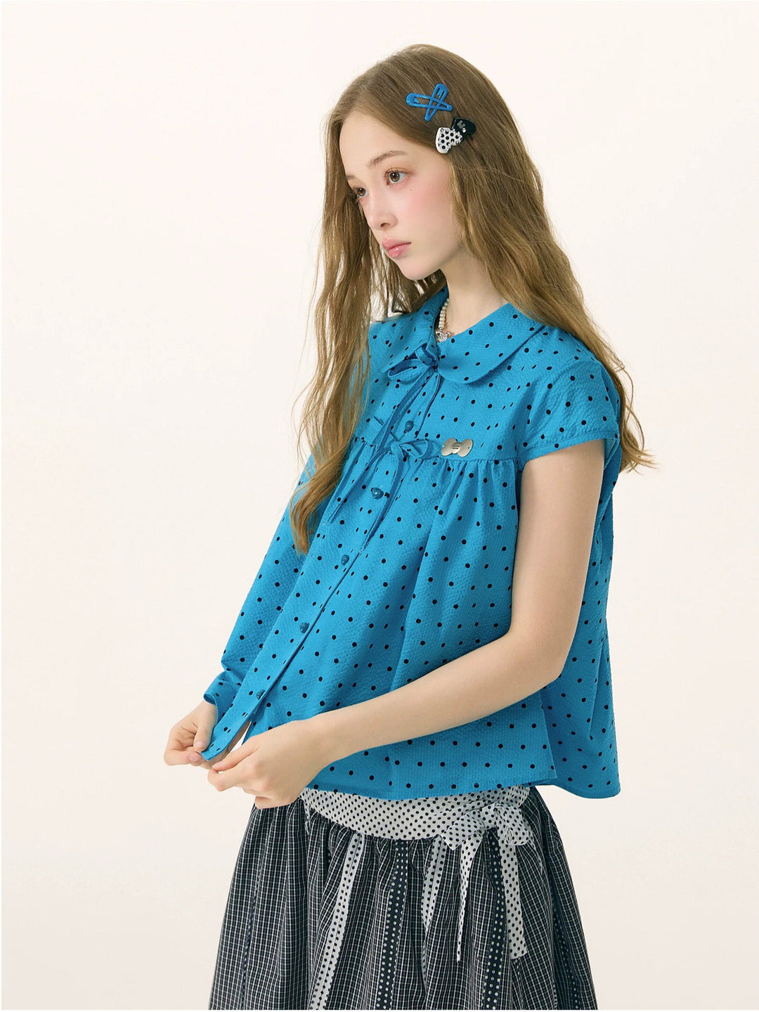 Blue Polka Dot Bow Babydoll Blouse