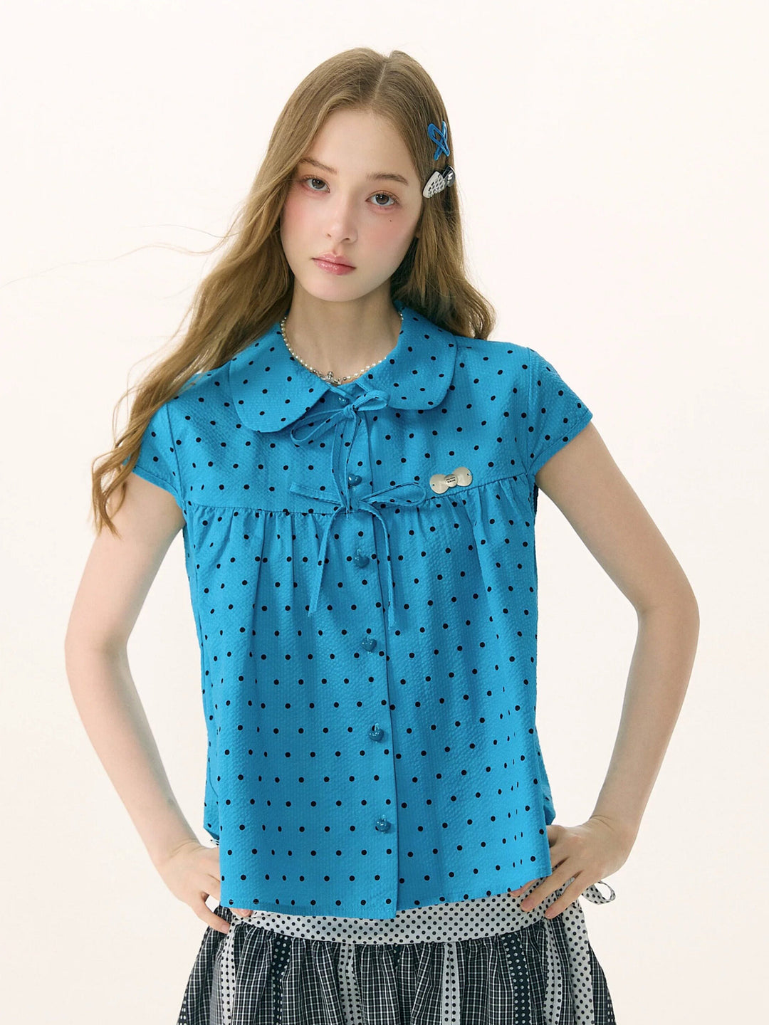 Blue Polka Dot Bow Babydoll Blouse