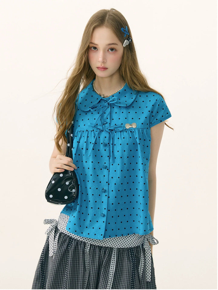 Blue Polka Dot Bow Babydoll Blouse
