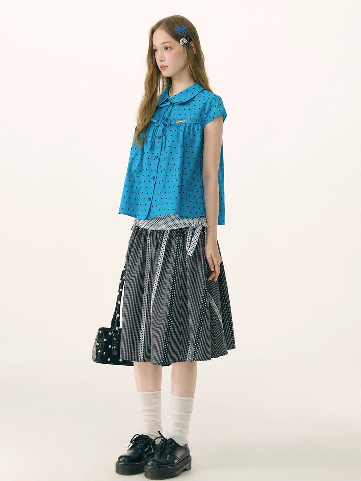 Blue Polka Dot Bow Babydoll Blouse