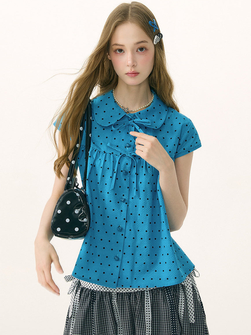 Blue Polka Dot Bow Babydoll Blouse