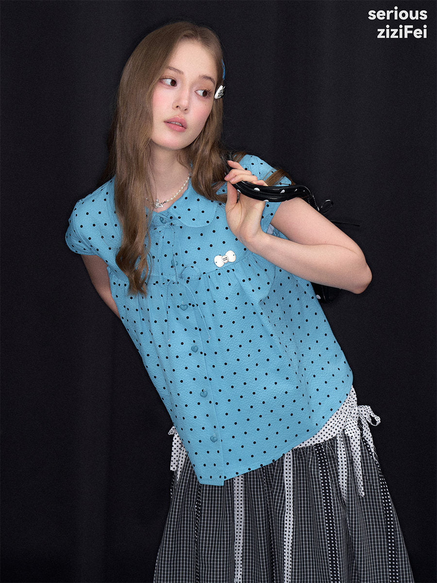 Blue Polka Dot Bow Babydoll Blouse