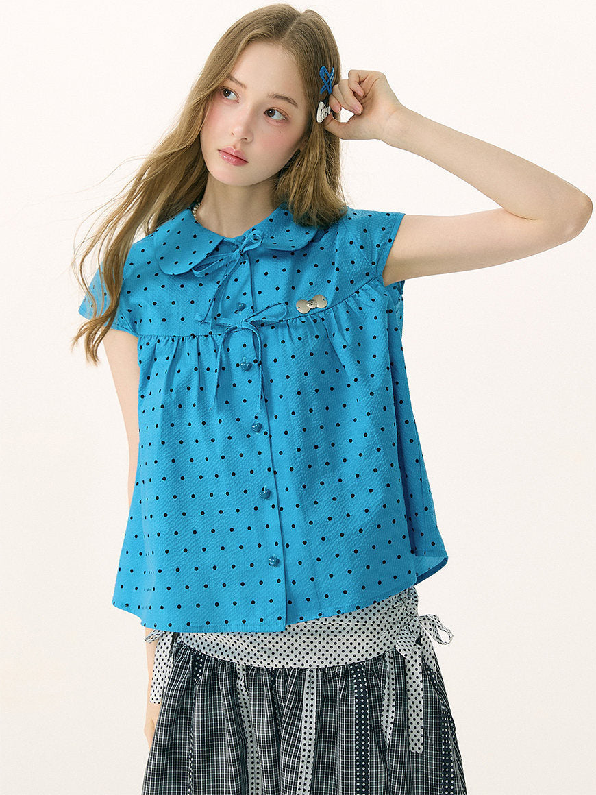 Blue Polka Dot Bow Babydoll Blouse