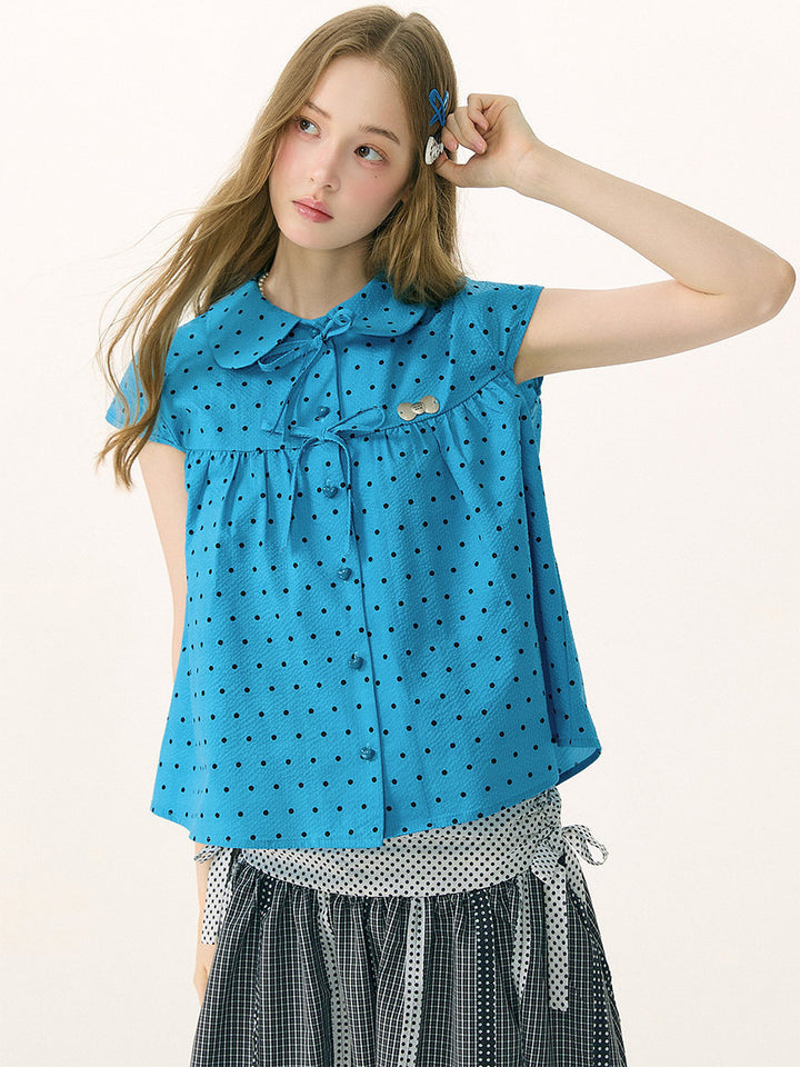 Blue Polka Dot Bow Babydoll Blouse