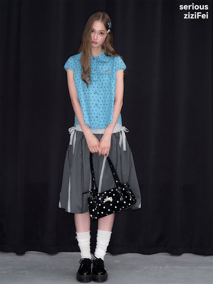 Blue Polka Dot Bow Babydoll Blouse