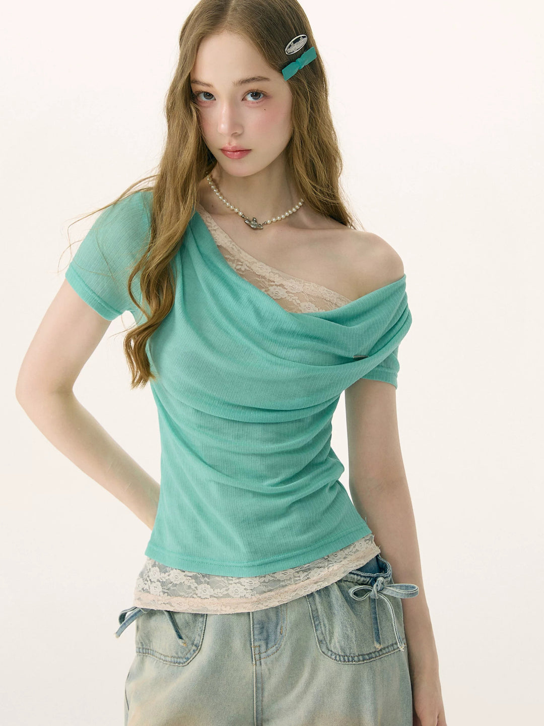 Mint Lace Cowl Neck Top