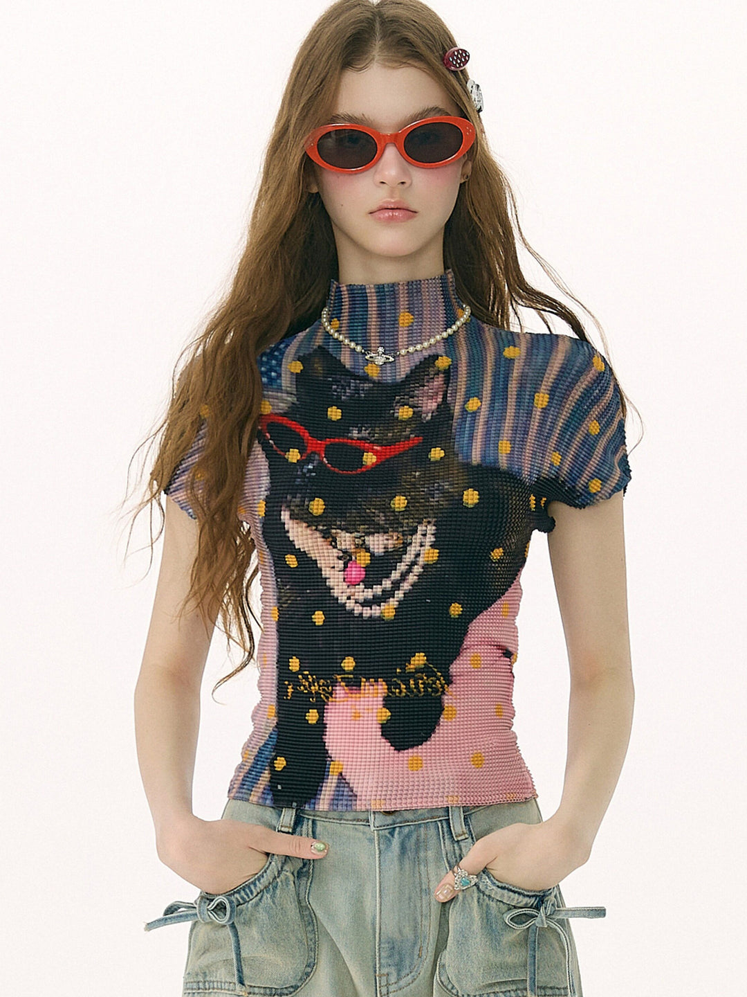 Y2K Cat Graphic Pleated T-Shirt