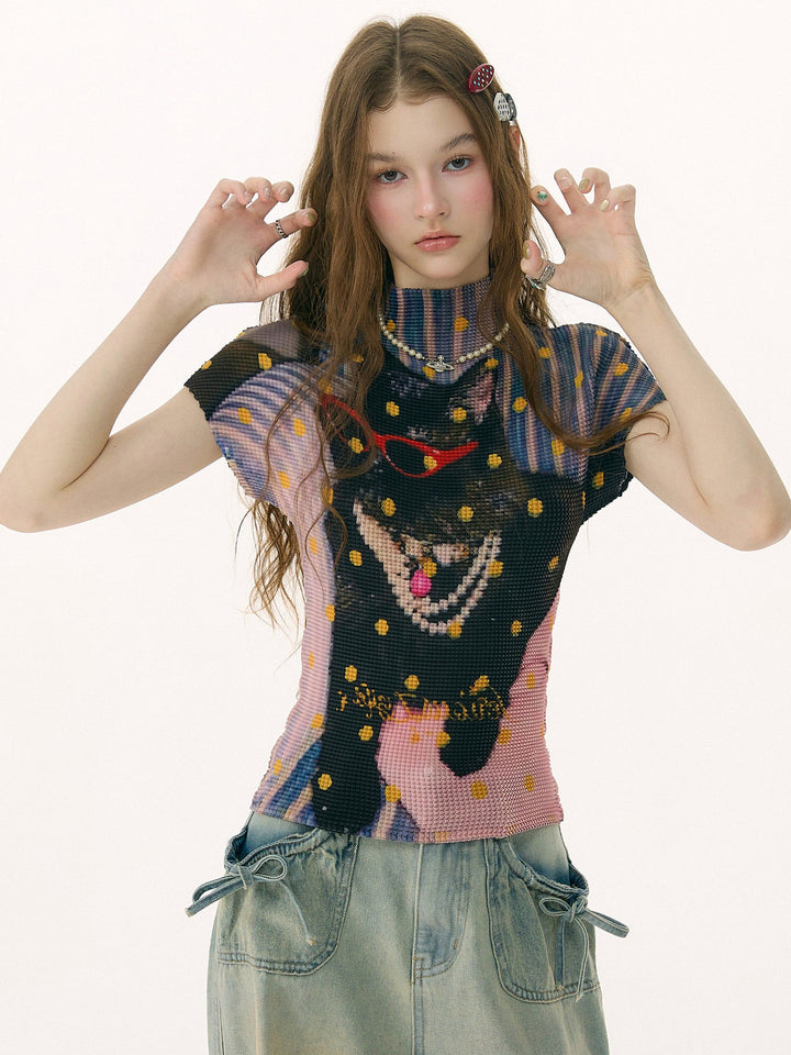 Y2K Cat Graphic Pleated T-Shirt