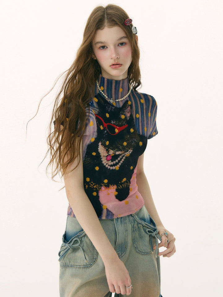 Y2K Cat Graphic Pleated T-Shirt