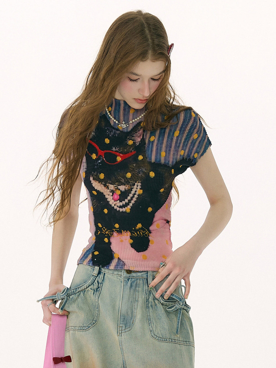 Y2K Cat Graphic Pleated T-Shirt